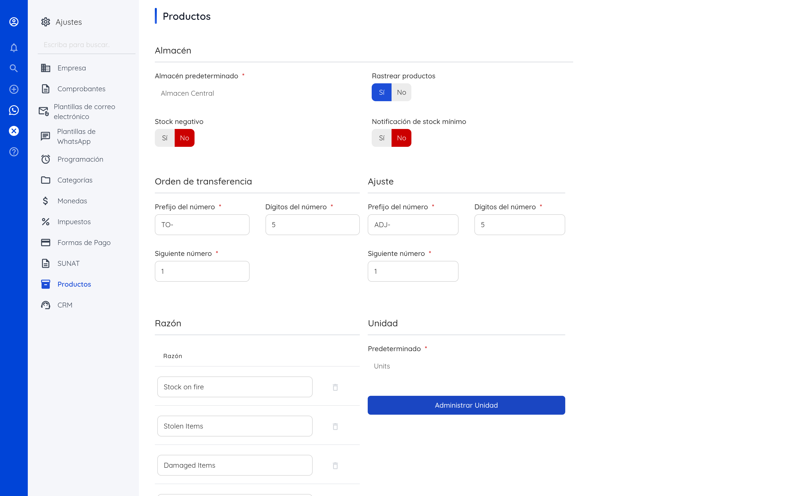 Configuración de inventario